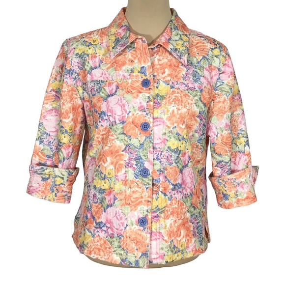 Rebecca Malone Peach Orange Blue Floral Blazer, Petite Large - Picture 1 of 9